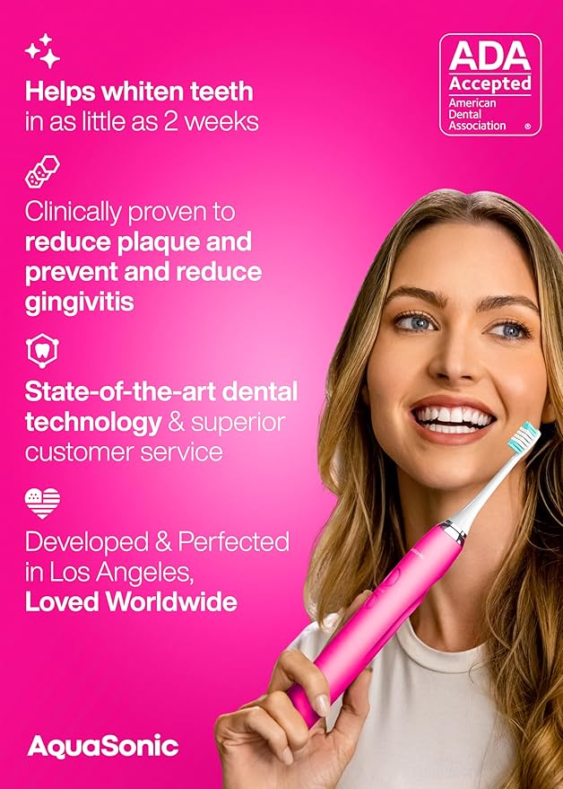 Aquasonic Vibe Series Ultra-Whitening Toothbrush – ADA Accepted Electric Toothbrush - 8 Brush Heads & Travel Case – 40,000 VPM Motor & Wireless Charging - 4 Modes w Smart Timer – Electric Pink