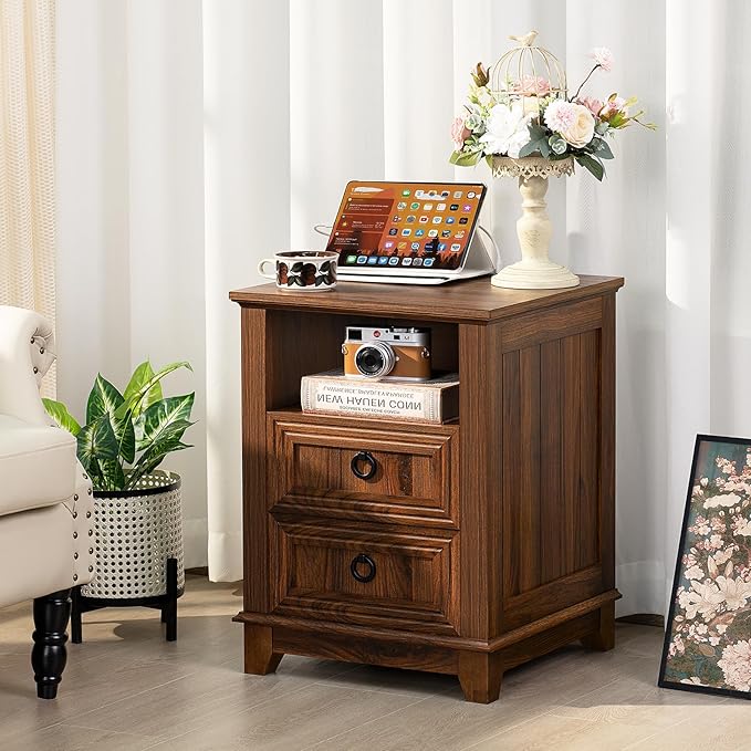 18" Farmhouse Night Stand with Charging Station, 2 Drawers End Table Dresser for Bedroom, Brown Wooden Nightstand, Bed Side Table with Open Shelf, Bedside Cabinet for Living Room, Closet