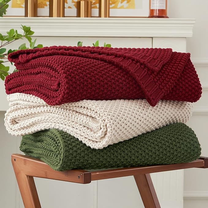 Chunky Cable Knit Throw Blanket Lightweight Wine red 100% Organic Cotton Blanket for Sofa Couch Bed Baby Nursery, Rustic Shabby Chic Modern Farmhouse, 60” x 80” Give Laundering Bag