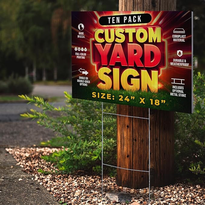 10 Pack 24"x18" Custom Yard Signs with Stakes, Personalized Yard Signs for Outdoors, Customized Full Color Print Corrugated Signs for Business