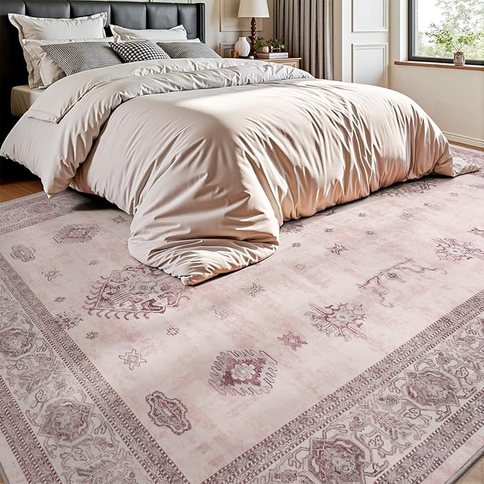 AMOAMI-Vintage Area Rug 8X10 Pink Rugs for Living Room-Soft Living Room Rug Non Slip Rugs for Bedroom Carpet Machine Washable Rug for Dining Room Bedside Office Room Decor