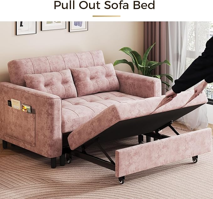3 in 1 Convertible Sleeper Sofa Bed, Pull Out Couch Bed with Adjustable Backrest, Chenille Loveseat Couches with Side Pocket for Living Room, Bedroom (Pink)