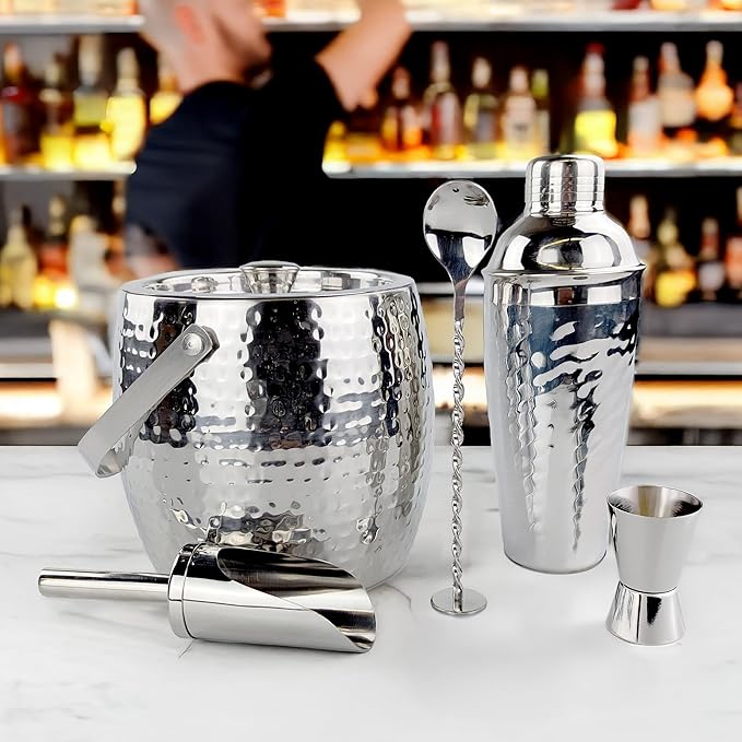 BREKX Insulated Ice Bucket for Cocktail Bar with Drink Shaker 5-Piece Cocktail Set for Parties with Lid and Scoop - Bartender Accessories, Bartending Kit for Home Bar or Gifting