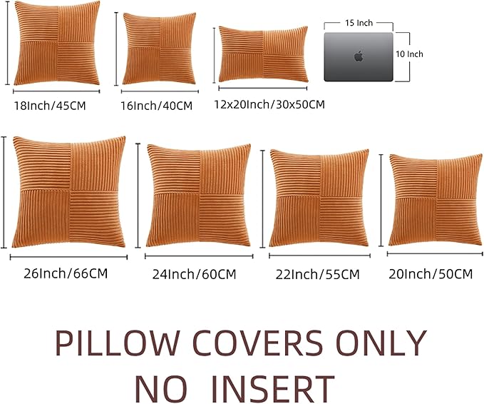 Fancy Homi 2 Packs Orange Euro Decorative Throw Pillow Covers 26x26 Inch for Living Room Couch Bed, Farmhouse Boho Home Decor, Soft Corss Corduroy Patchwork Textured Square Cushion Case 66x66 cm