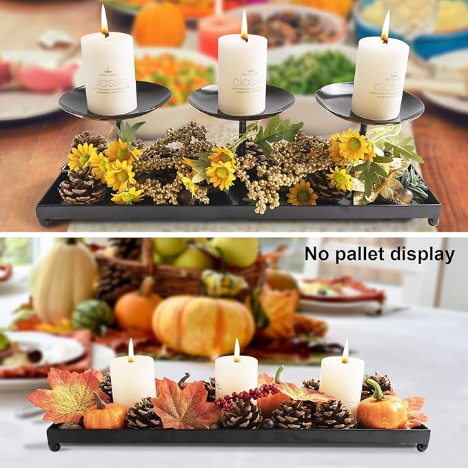 3 Pillar Black Metal Candle Holders for Table Centerpiece, Fall Thanksgiving & Halloween Dining Table, Fireplace Mantel Decor, Tray Candlestick for Living Room Rustic Decorations