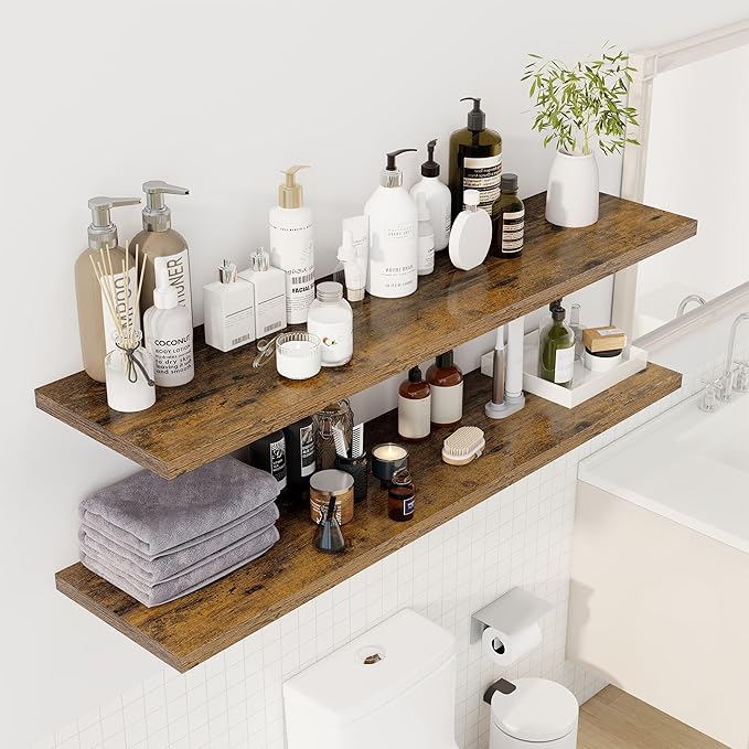 55" Floating Shelves for Wall, 12" Deep Slim Rustic Brown Floating Shelves, Wall-Mounted Shelves for Bedroom, Living Room, Kitchen, Bathroom - Set of 2