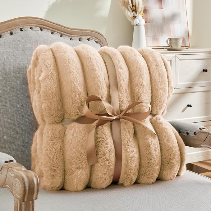 BEDELITE Faux Fur Throw Blanket for Couch, Soft and Cozy Luxurious 3D Striped Fluffy Blanket, 770GSM Thick Warm Plush Fuzzy Faux Rabbit Fur Blanket for Women Gift (Brown, 60"x 80")