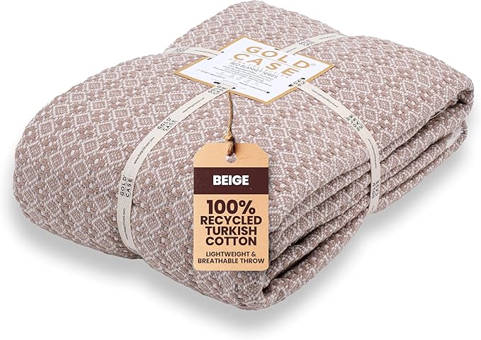 Gold Case Throw Blanket for Bed – 100% Recycled Turkish Cotton Bed Blanket – Decorative Throw Cotton Blankets for Living Room & Bedroom – Retro Beige Woven Queen Blankets – 90x90