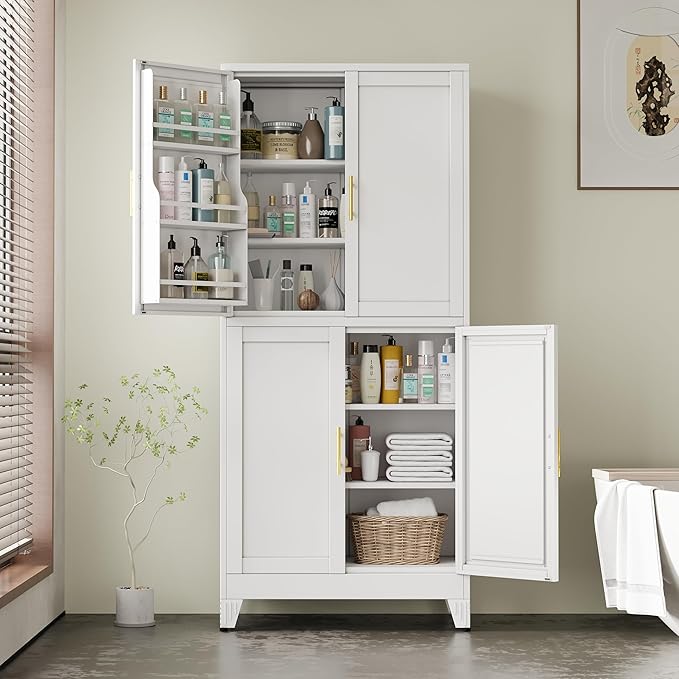 75" H Metal Storage Cabinet, Pantry with 6 Door Shelves and 4 Adjustable Shelves, Leveling Foot for Kitchen, Living Room and Dinning Room, White