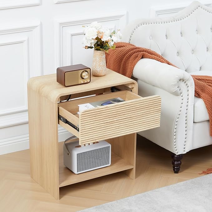 Fluted Nightstand Set of 2 with Charging Station, Modern Bed Side Table End Table with Drawer Storage, Large Wooden Night Stands Bedside for Bedroom Living Room Sofa Office, Natural 2 Sets
