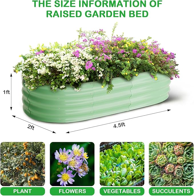2 Pcs 4.5x2x1ft Oval Raised Garden Bed, Galvanized Raised Beds,Open-Ended Base Metal Raised Planter Beds,Garden Bed Outdoor,Planter Raised Boxes for Vegetables, Flowers,Tool-Free Asse,Green