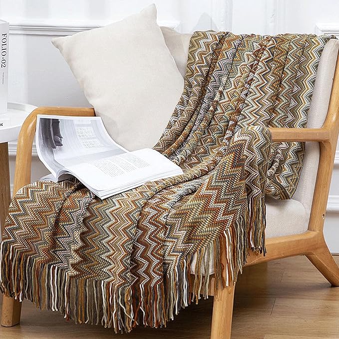 Boho Throw Blanket - Bohemian Fringe Tassels， for Bed Couch Soft ChairBlanket Double Sided (50"x70") (Khaki)