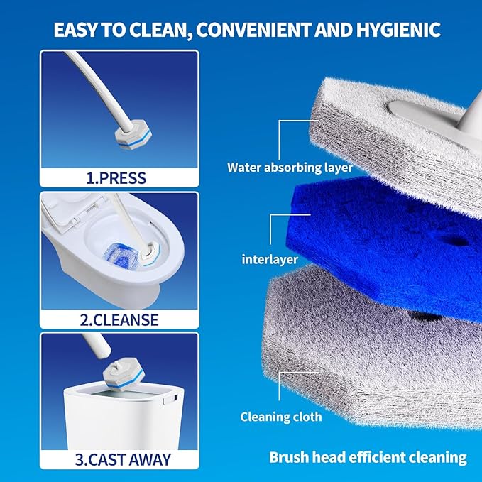 Disposable Toilet Brush Cleaning System with 50pcs Refills Pads Replacement Heads, Toilet Cleaning Stick, Wall Mounted Toliet Wand Kit Bathroom Maintenance, Toilet Bowl Cleaner Wands Holder and Set