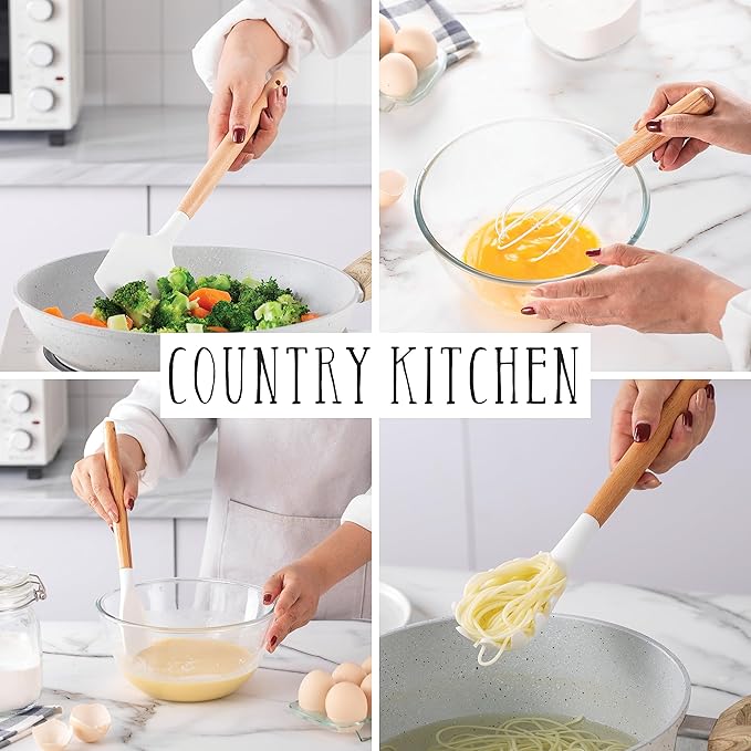 Country Kitchen Non Stick Silicone Utensil Set with Rounded Wood Handles for Cooking and Baking, 14 Piece Set, White