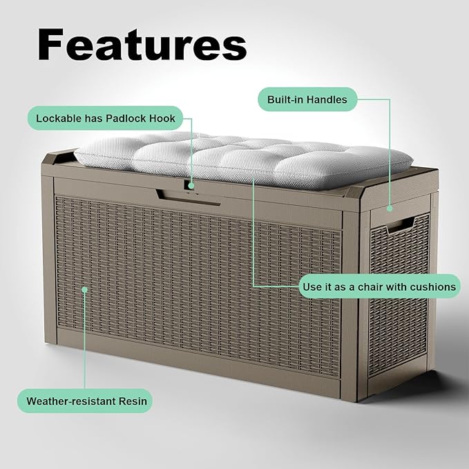 DRATO 60 Gallon Deck Box, Waterproof Resin Large Outdoor Storgae Box for Patio Furniture, Patio Cushions, Gardening Tools, Pool and Sports Supplies, Lockable