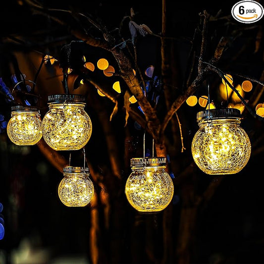 Cooo 6 Pack Crackle Glass Solar Lantern with 30 LED Firefly Lights– Waterproof Outdoor Hanging Lamp 215% Larger Solar Panel, Anti-Rust Lids Decorative Lighting for Garden Patio Table