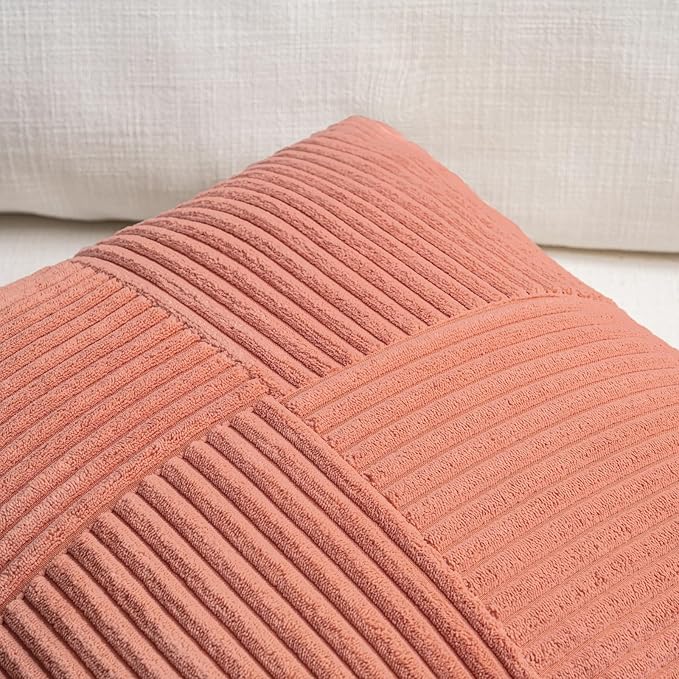 Fancy Homi 2 Packs Coral Decorative Throw Pillow Covers 22x22 Inch for Living Room Couch Bed, Rustic Farmhouse Boho Home Decor, Soft Corss Corduroy Patchwork Accent Square Cushion Case 55x55 cm