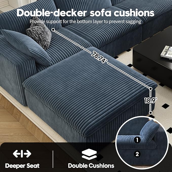 157.5" Cloud Couch Modular Sectional Sofa for Living Room,Modern Sofa with Deep Seat，L-Shape Boneless Couch with Ottoman,Comfy Upholstered Corduroy Couches for Apartment, Studio, Office,Bedroom，Blue