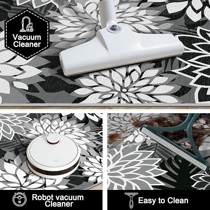 Area Rug 2x6 Black White Washable Entry Rug Multicolored Tropical Botanical Modern Floral Indoor Kitchen Door Mat Entrance Carpet Non Slip for Bedroom Living Room, Porch