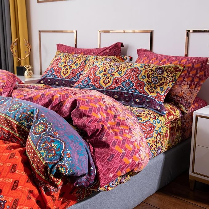 ABREEZE Bohemian Duvet Cover Set Colorful Orange Boho Retro Bedding Set Damask Paisley Cotton Duvet Cover Tribal Reversible Bedding Exotic Style Comforter Cover 3-Piece Queen