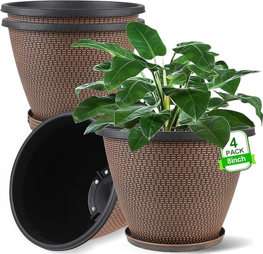 4 Pack 8 inch Plant Pot, Plastic Pots for Plants Indoor, Round Planters for Outdoor Plants with Drainage Holes & Trays, Decorative Flower Pots Garden Containers Sets for Houseplants (Black Copper)