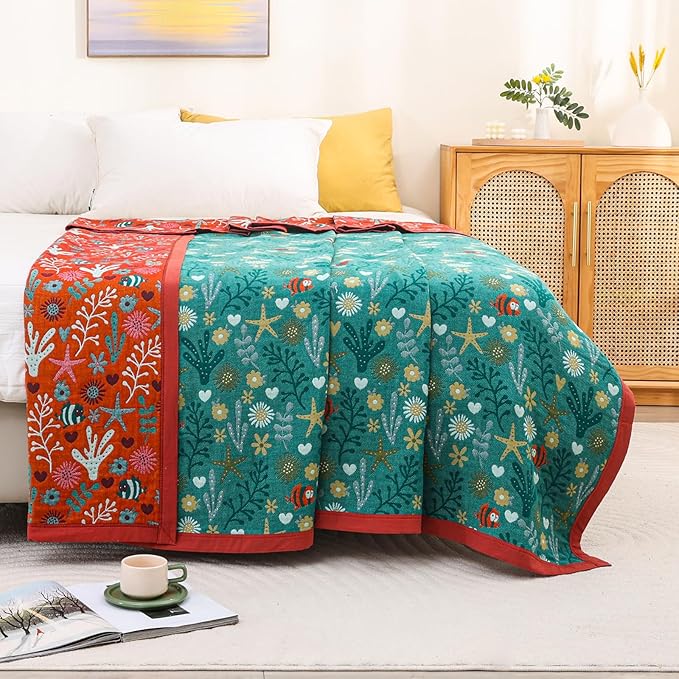 Boho Throw Blanket, 100% Organic Cotton Skin-Friendly Breathable Ultra Soft Bed Quilt Throw - All Season Blue & Red FishFarmhouse Decor Blanket for Sofa Couch Chair and Gift. 60" x 80"