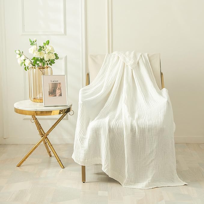 EMME Cotton Blanket Queen Size for Bed Soft Large Muslin Bed Bedspread 90"x90" Lightweight Breathable White Blanket All Season Gauze, White
