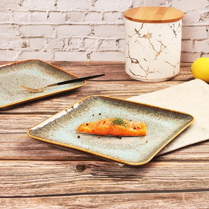 Ceramic Dinner Plates Dish Set,Set of 4,for Lunch snacks -Microwave Oven & Dishwasher Safe,Scratch Resistant,Dinnerware Kitchen Porcelain Serving Dishes,9 inch Square