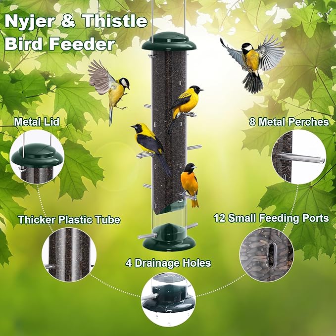 FEED GARDEN Finch Feeders for Outside, Nyjer & Thistle Bird Feeders, 15 Inch Tube Feeder with 12 Small Ports & 8 Perches, Durable Metal Design for Outdoor Hanging, Easy Fill & Clean