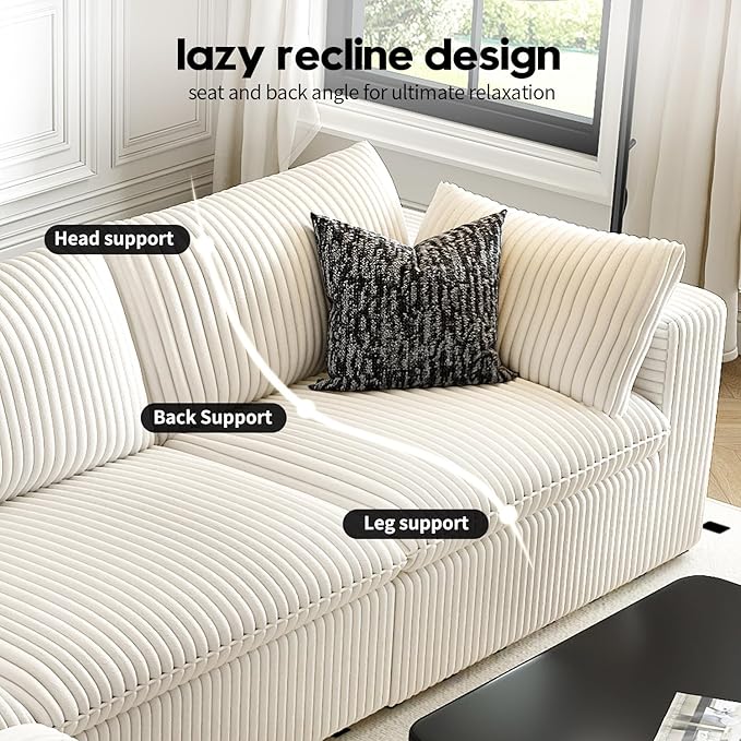 157.5" Cloud Couch Modular Sectional Sofa for Living Room,Modern Sofa with Deep Seat，4 Seater Boneless Couch,Comfy Upholstered Corduroy Couches for Apartment, Studio, Office,Bedroom，White