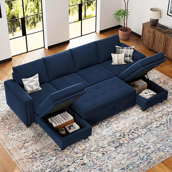 Belffin Modular Sectional Sleeper Sofa with Pull Out Bed Convertible U Shaped Sectional Sofa Couch with Storage Chaises for Living Room Blue