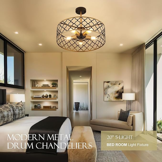 5-Light Drum Chandeliers for Dining Room,19.7" Rustic Farmhouse Dining Room Light Fixture, Black&Gold Metal Hanging Pendant Light for Living Room Bedroom Kitchen Entryway Foyer