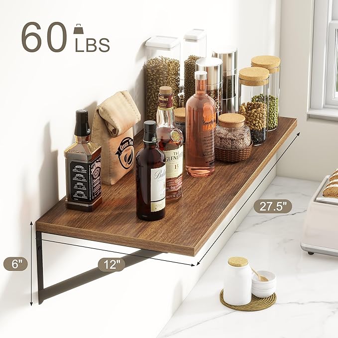 Fun Memories 27.5" W x12 D Floating Shelves, Large Wall Shelves 27.5 Inch Long, Set of 2, Farmhouse Wood Floating Shelf Wall Mounted, Deep Shelves for Bathroom, Living Room, Kitchen, Walnut Color