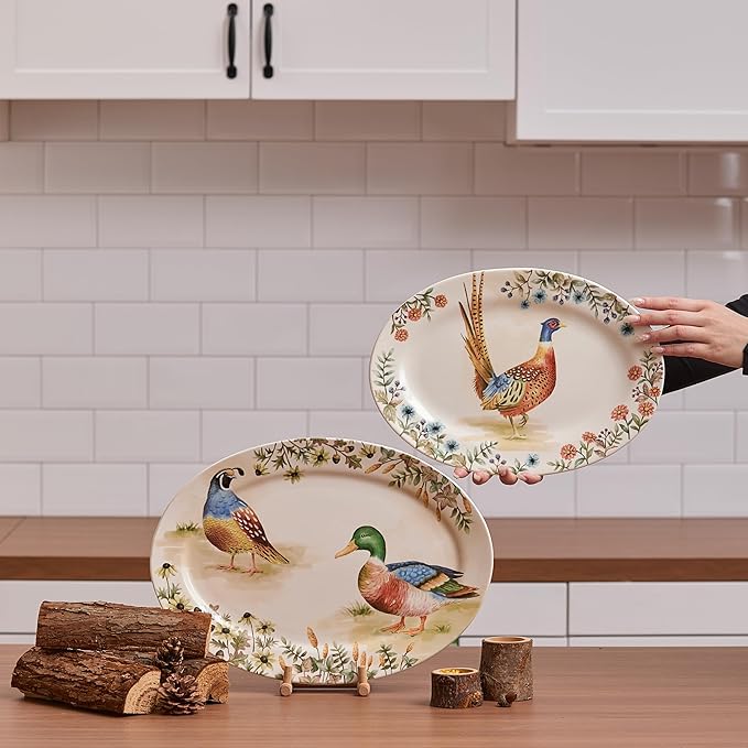 Bico Autumn Birds 16 plus 14 inch Oval Platters Set, Set of 2, Microwave and Dishwasher Safe, for Serving Fish, Chicken, Turkey