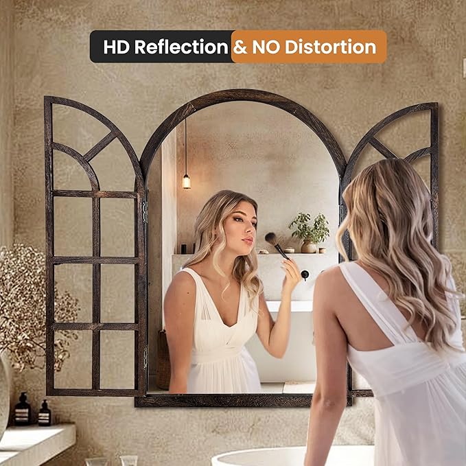 Arched Wall Mirror with Window Design, 38"x26" Rustic Farmhouse Wood Mirror for Wall Decor, Decorative Vintage Arch Mirror for Living Room, Bedroom, Entryway