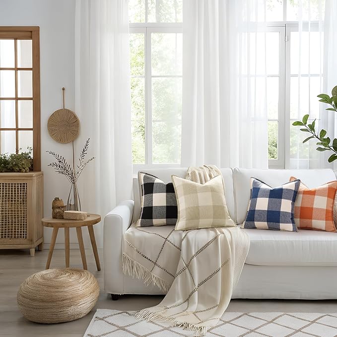 decorUhome Buffalo Plaid Check Throw Pillow Covers 18x18 Set of 2, Outdoor Decorative Farmhouse Neutral Pillow Covers with Stitched Edge for Bed Couch Sofa, Black and White