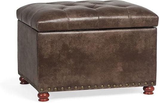 24'' Leather Ottoman with Storage Rectangle Foot Rest Ottomans Stool for Living Room(Brown,Leather Texture)