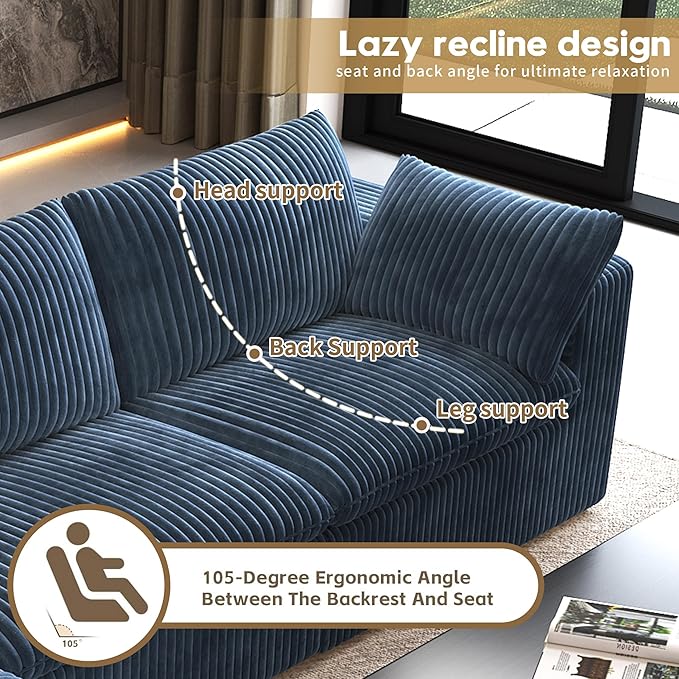 118" L Shaped Modern Sofa Modular Sectional Cloud Couch with Ottoman,Deep Seat Upholstered Couches with Plush Corduroy Fabric for Living Room Furniture,Bedroom and Apartment,No Assembly Required,Blue
