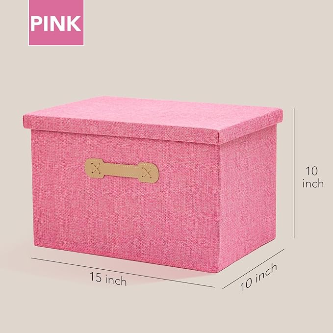 Enzk&Unity Decorative Storage Bins with Lids, Fabric Linen Foldable Storage Box with Handle Home Organizer for Shelf, Closet, Bedroom, Living Room, Office, 3 Packs, Pink