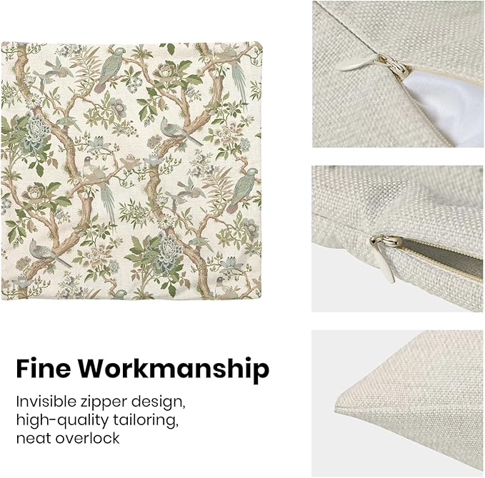 CXMEIFLY Chinoiserie Spring Pillow Covers 16 x 16 Inch Set of 2 for Sage Green Blue Vintage Flowers Bird Decor Throw Pillows Plant Farmhouse Outdoor Decorative Cushion Cases for Couch Bed Decorations