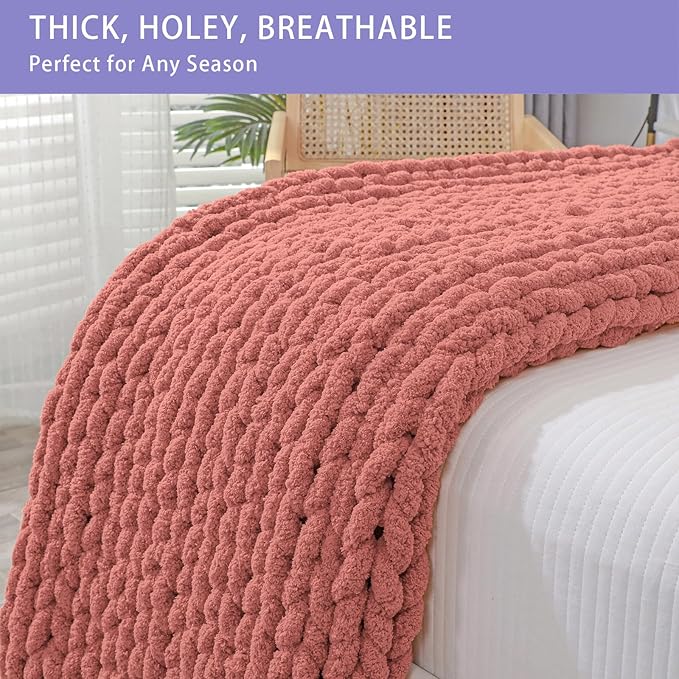 Bigacogo Chunky Knit Throw Blanket for Couch, 40x60 inches, 100% Hand Knitted with Thick Jumbo Chenille Yarn, Cozy Soft Large Rope Knot Cable Crochet Blankets for Sofa Bed Living Room, Antique Red