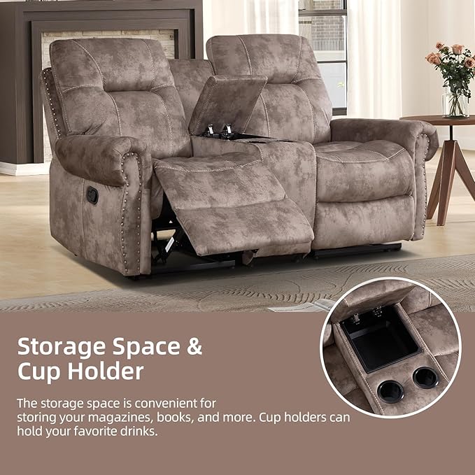 EBELLO 2 Pieces Reclining Couch Furniture Set for Living Room, 1 Seat Power Recliner Chair and a Manual Loveseat with Center Console, Hidden Storage and Cup Holders, Brown