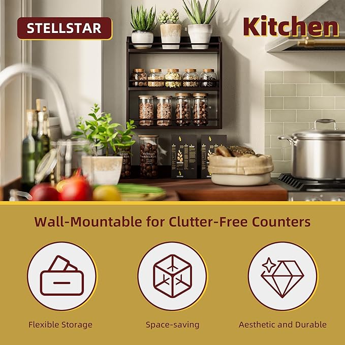 3 Tier Bamboo Wood Spice Rack, Seasoning Bottles Jars Organizer Shelf for Spices or Craft Supplies, Kitchen Counter or Wall Mounting (Brown)