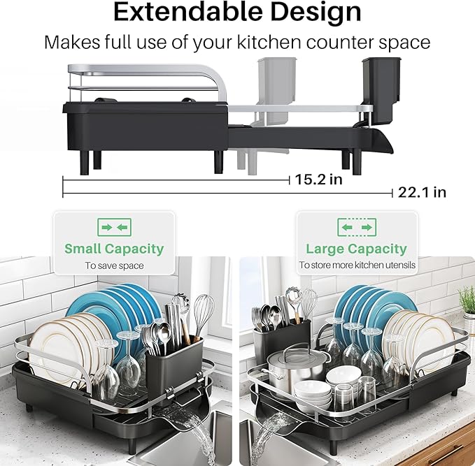 Dish Drying Rack, Expandable Dish Rack for Kitchen Counter, Stainless Steel Dish Drainer with Drainboard Set and Utensil Holder (Black)