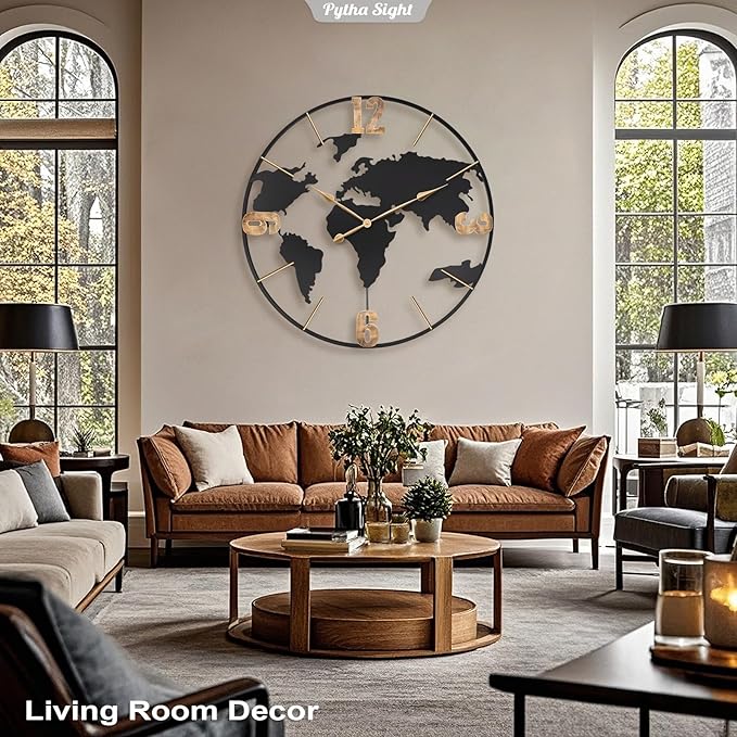 36 Inch Oversized Giant Extra Large Modern Decorative Metal World Map Wall Clock,Big Vintage Gold Arabic Numeral Wall Clocks for Living Room,Entryway,Office,Fireplace,Dining Room