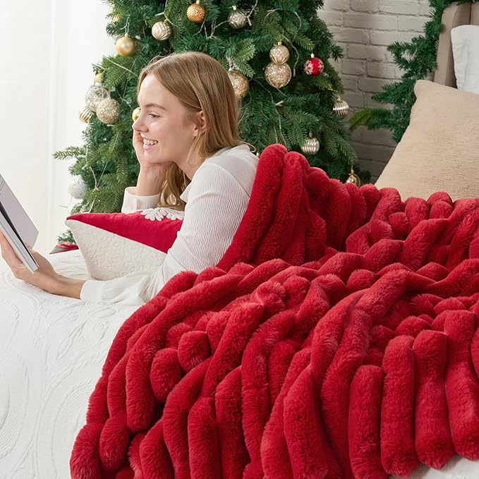 Cozy Bliss Faux Fur Throw Blanket for Couch, Cozy Warm Plush Striped Blanket for Sofa Bedroom Living Room,50 * 60 Inches Cardinal Red
