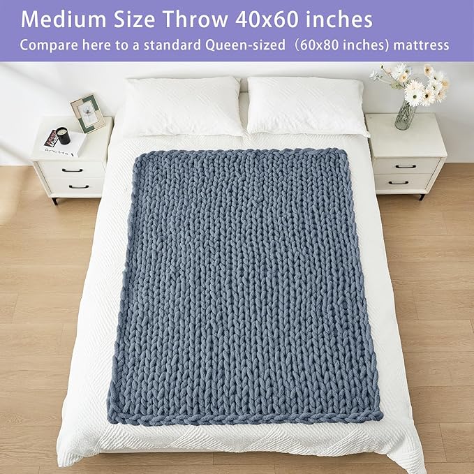Bigacogo Chunky Knit Throw Blanket for Couch, 40x60 inches, 100% Hand Knitted with Thick Jumbo Chenille Yarn, Cozy Soft Large Rope Knot Cable Crochet Blankets for Sofa Bed Living Room, Cold Sea Blue