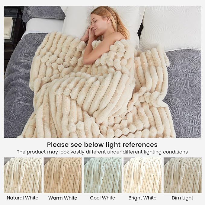 Cozy Bliss Faux Fur Throw Blanket for Couch, Cozy Warm Plush Striped Blanket for Sofa Bedroom Living Room,60 * 80 Inches Beige