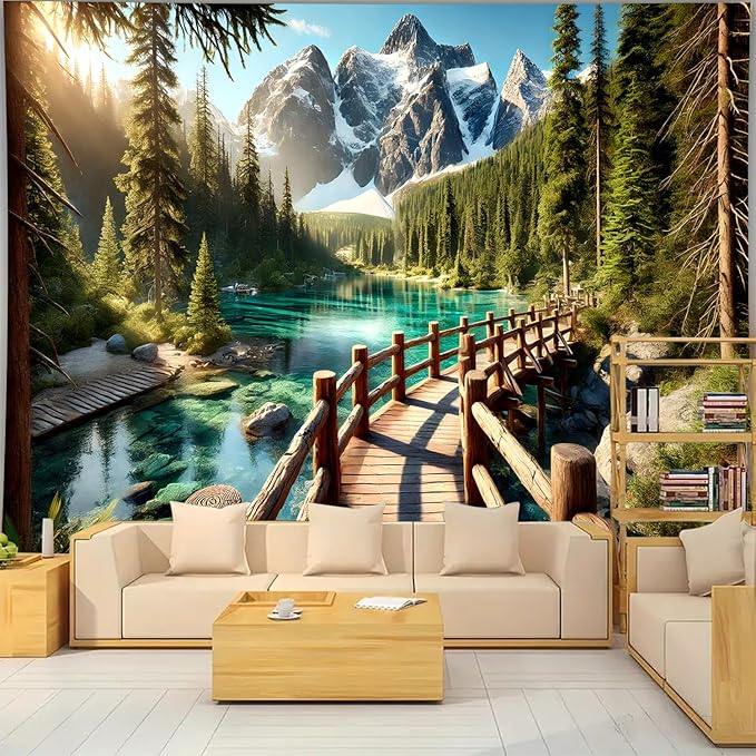 BSFHH Nature Tapestry Forest Tree Sea Cave Wall Hanging, Stream Through Rainforest Landscape Wall Art Tapestry for Bedroom Living room (Snow Scene, 110" × 87", Unframed)