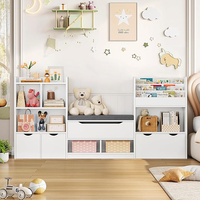 FOTOSOK 72” Kids Bookshelf with Reading Nook, Large Toy Storage Organizer with Seat Cushion and 3 Movable Drawers, Kids Reading Nook Toy Organizers and Storage with Bench for Living Room, White